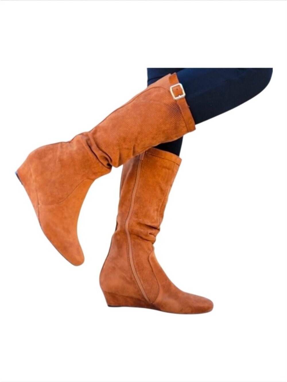 Tan Knee-High Faux Suede Wedge Boots With Side Zipper & Buckle Accent For Women - Picture 12 of 12